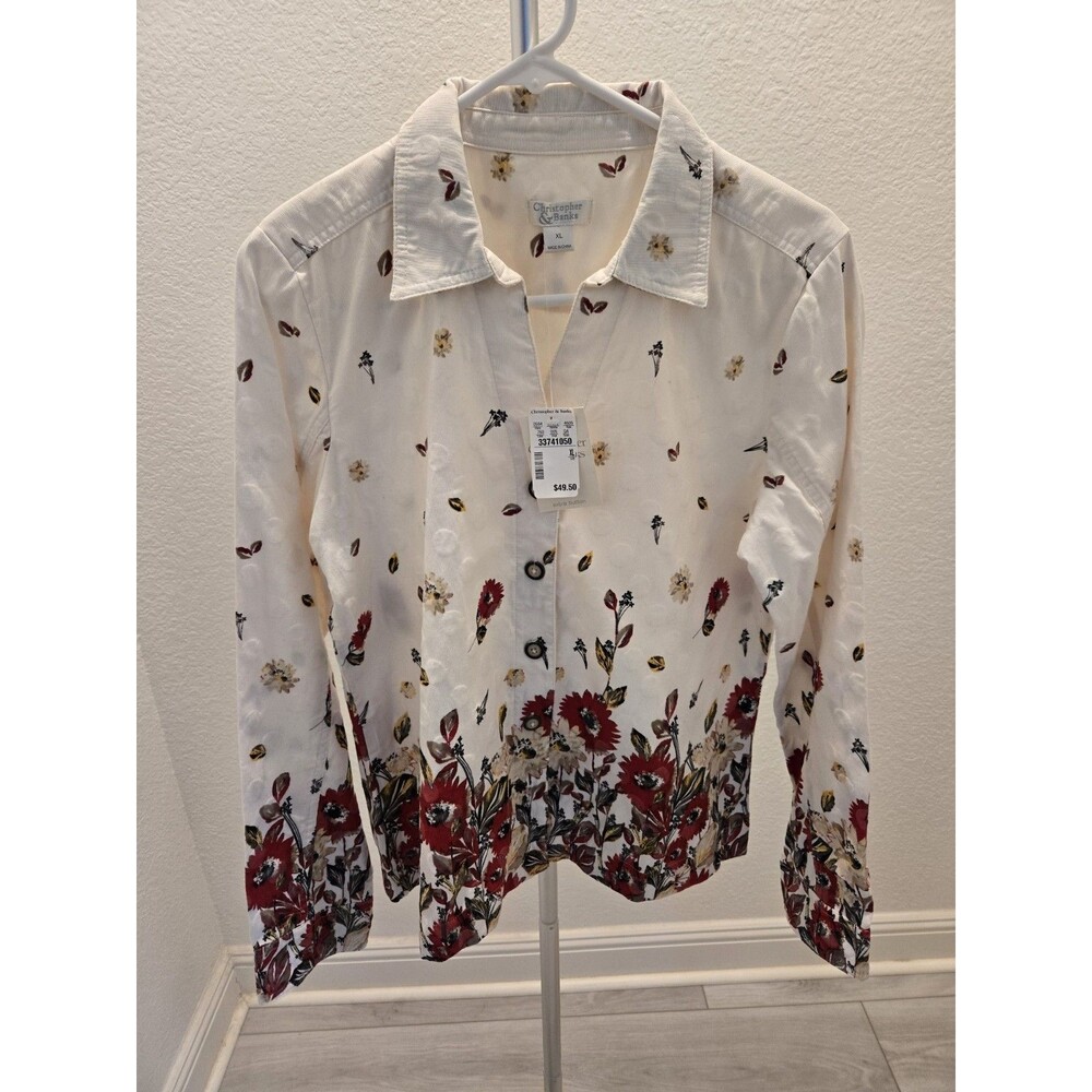 Vintage NWT Christopher & Banks Button Down Botanical Red Floral Top XL Y2K